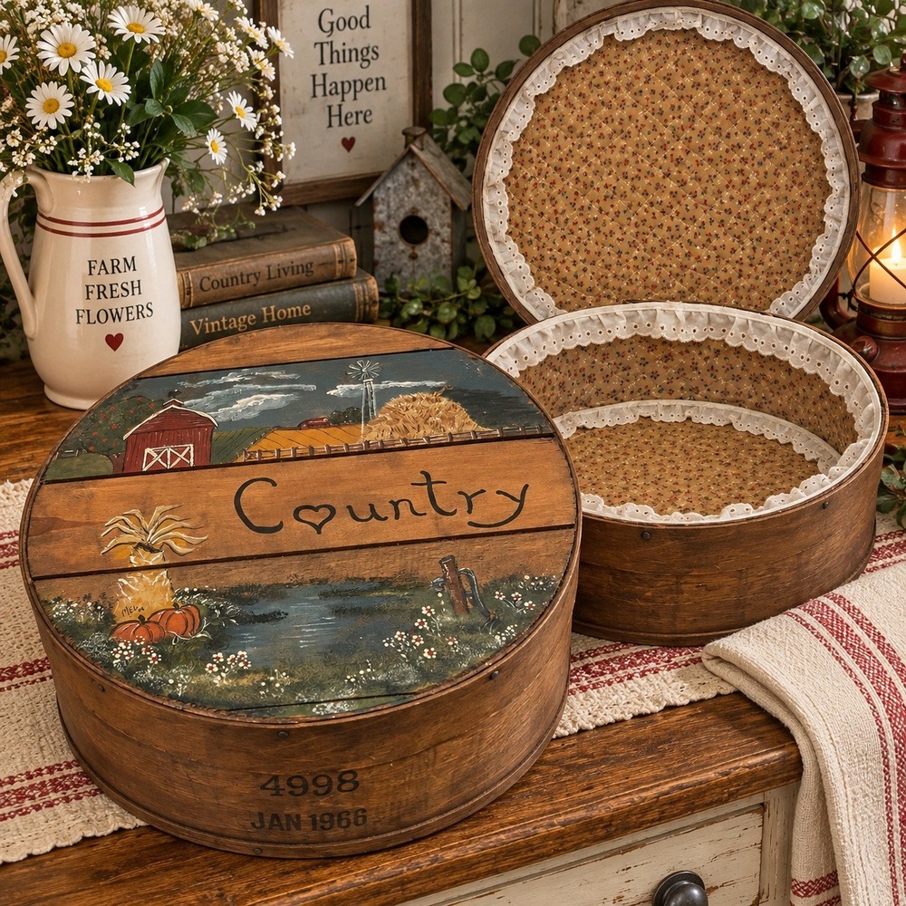 Vintage 1966 Bentwood Round Box Hand Painted Folk Art Farm Barn Quilted Interior